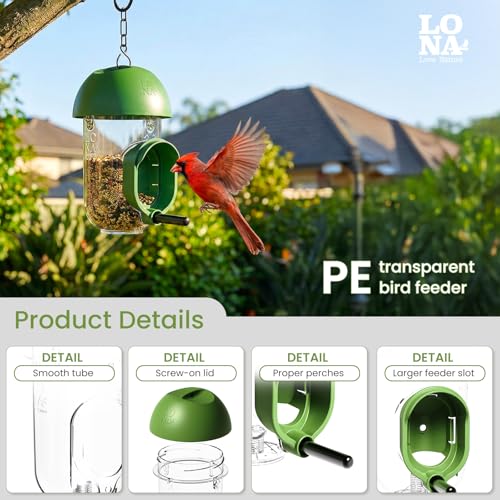 ‌LONA 2 Pack Tube Bird Feeders, Weatherproof Design with 1 Feeding Port | Easy-fill Top Design, 2 Ways for Hanging, Suits Mixed Seeds, Squirrel-Proof Bird Feeder for Backyard/ Garden/ Patio, Green - size: 1 Port ×2