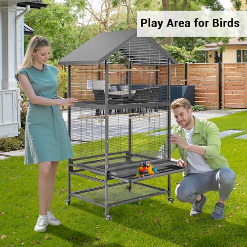 65.7 Inch Wrought Steel Bird Cage with Pull-Out Tray/Lock,Large Flight Cage with Feeding Bowl/Stand/360° Swivel Casters for Cockatiels, Greys, Parakeets, Budgies, Conures, Pigeons, Canaries, Lovebirds