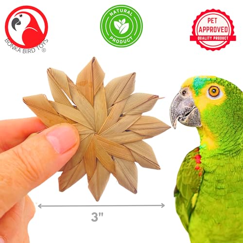 Bonka Bird Toys 1271 3" Palm Leaf Flowers pk3 for Small Medium Birds | Hand woven natural palm leaf construction for chewing and shredding enrichment