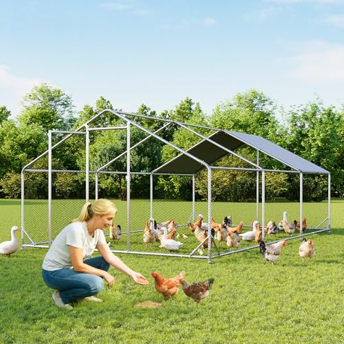 Aoxun Large Metal Chicken Coop, Outdoor Chicken Runs for Yard with Cover, Spire Roof Hen House Enclosure with Security Lock, Walk-in Cage Peak Hen House for Yard Farm (10x20x6.4 FT) - size: 240.0"L x 120.0"W x 76.8"H