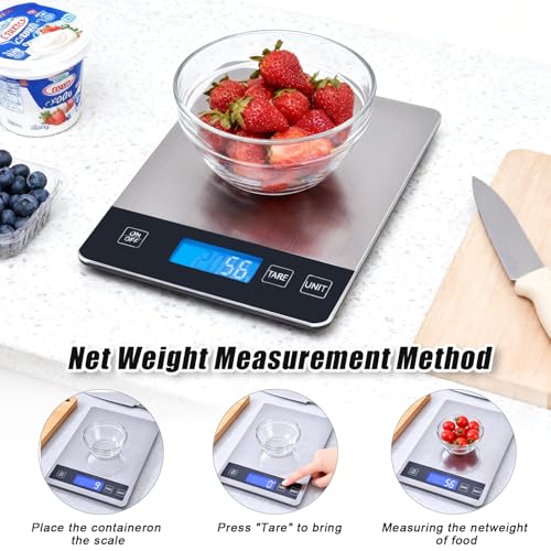 Food Kitchen Scale, 33lb Food Scale Precisely Measures Grams and Ounces for Baking and Cooking, 304 Stainless Steel Kitchen Scale for Food with LCD Display, Batteries Included - style: Battery / 33lbs