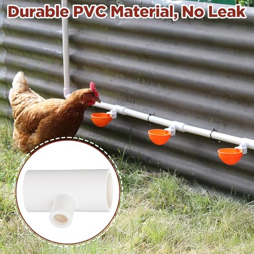 50 Pack PVC Tee Fittings for Chicken Waterer - Threaded Connectors for Poultry Nipples, Automatic Chicken Water Drinker Cups and Feeder Systems, Durable & Leak-Proof (White)