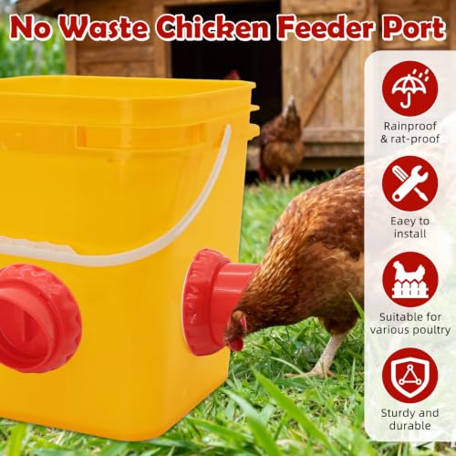 Chicken Feeder No Waste 8 Ports DIY Automatic Poultry Feeder with 8 Covers and 1 Hole Saw,Rainproof Rat-Proof Gravity Chicken Feeder Kit for Buckets,Bins,Barrels,Troughs - color: Red