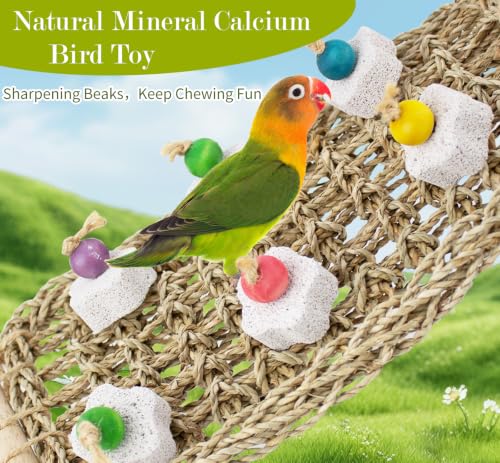 FlidRunest Conure Seagrass Mat with Grinding Calcium Stone Chewing Toy | Parrot Beak Grinding Stone and Seagrass Ladder Bridge Stands, Hand-Woven Net Climbing Net for Budgie Parakeet - size: B(With Calcium Stone)