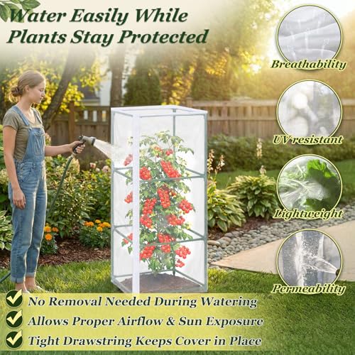 3PCS Garden Bird Netting for Square Tomato Cage with Zipper & Drawstring | 59 x 17.7 Inch Reusable Fine Mesh Plant Covers for Tomatoes, Fruits and Climbing Vines - size: 17.7x17.7x59in