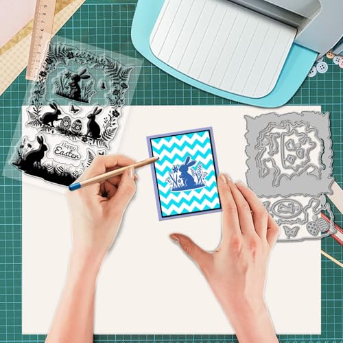 GLOBLELAND Easter Silhouettes Clear Stamps and Metal Die Cuts Bunnies Plants Transparent Stamp Spring Plant Border Cutting Dies for Card Making Embossing Scrapbooking - style: Easter Silhouette