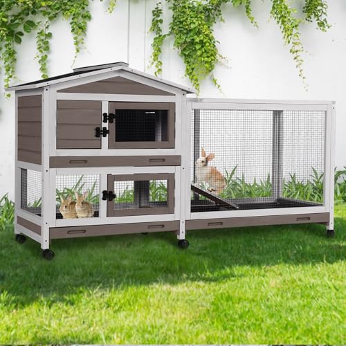 GUTINNEEN Rabbit Cage Indoor Bunny Hutch with Chew-Proof Ramp - 2 Story Guinea Pig Cages Outdoor with 6 Wheels, Leakproof Pull-Out Tray for Rabbits, Guinea Pigs (Brown) - color: Brown & White