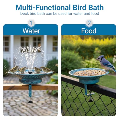 12.6" Solar Bird Bath for Deck Railing, Detachable Metal Bird Bath Bowl | Deck Bird Bathwith 3.5" Sturdy Clamp, Adjustable Deck Bird Feeder for Outside, 2-in-1 Bird Bath for Patio - color: Blue