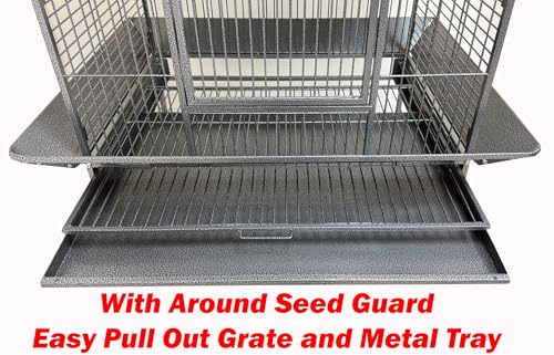 Extra Large Elegant and Durable Wrought Iron Climbing Ladder Perch Stand Play Top Ground Bird Parrot Metal Cage Around Seed Guard Storage Shelf with Heavy Duty Lockable Rolling Wheels - size: 32" x 23" x 69"H
