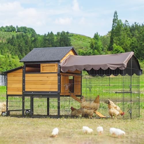 GUTINNEEN Large Chicken Coop with All Around Metal Frame Mobile Hen House with Wheels Weatherproof Duck House with Nesting Box, Outdoor Run, Perch, Leakproof Tray for 6-8 Chickens 85" L - size: 85.6"L x 48.2"W x 48.2"H