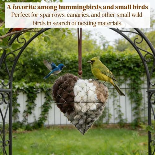 Handmade Fiber Bird Nesting Heart, Birds Nests Material Holder, Hummingbird Nest Boxes for Outside. Decorative Dual-Purpose Bird House: A Nesting Aid and Garden View Cottage (2Set) - color: 2Set