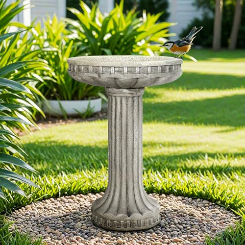 SunJet 24” H x 16” Dia Outdoor Birdbath with Classical Pedestal - Fibre Reinforced Concrete Birdbaths, Vintage Design for Garden Decor & Bird Attraction - color: Offwhite, size: 24inches