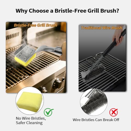 Bristle Free Grill Brush, Grill Cleaner for BBQ with Steam-Activated Cleaning Pad, 304 Stainless Steel Handle, Replaceable Head for Gas, Charcoal, Pellet Grills & Backyard BBQs