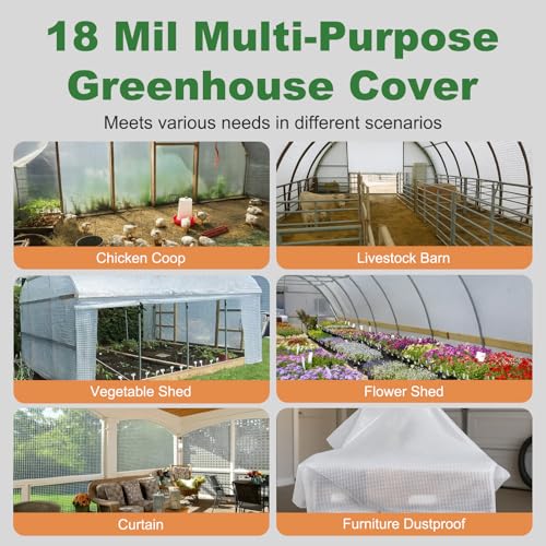 18 Mil Greenhouse Cover, 10x18 FT Clear Heavy Duty Greenhouse Tarp, UV Resistant Waterproof Chicken Coop Cover Tarp with Grommets for Garden, Farms, Nursery - size: Clear White 10FTx18FT