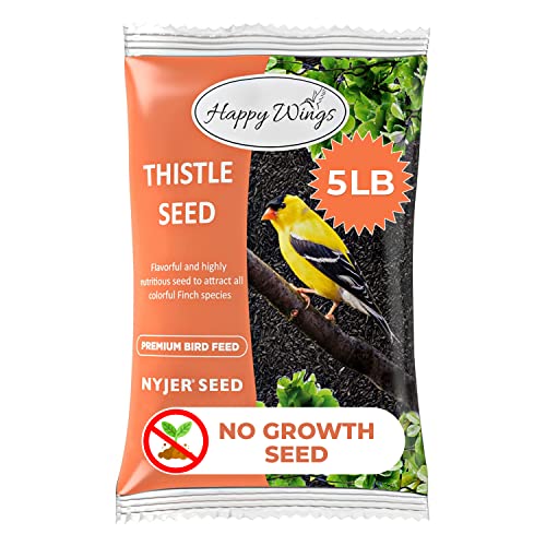 Happy Wings 5LB Thistle Seed Bird Food, 100% Natural, Extra Clean, No Grow | Oil Rich, High Fat & Energy Content, Single Grain, USDA & BRC-GS Approved, Finches, Sparrows, Chickadees, Cardinals, No Mess