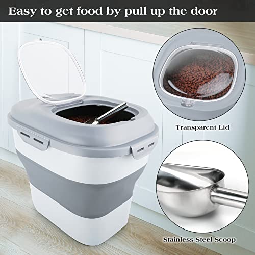 TIOVERY Dog Food Storage Container, Airtight Collapsible 13lb to 30lb Pet Food Container with Flip Top, Rolling Wheel, Scoop and 3L small container for Dog Cat Food and Dry Food of Rice, Flour - color: Grey