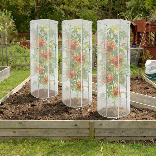 3 Pcs Garden Bird Netting Cover for Round Tomato Cage, 59" x 14.6" - Fits 13" D x 63" H Cage, Tomato Trellis Plant Net Cover with Zipper & Drawstring, Insect Barrier for Protecting Vegetables Fruits