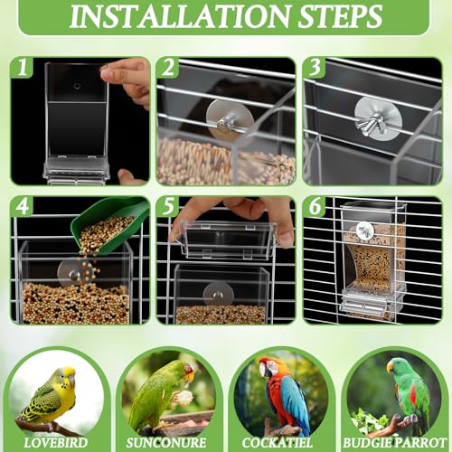 Novabright 7 Pcs No Mess Bird Feeder Water Dispenser Set Include Automatic Parakeet Feeder and Drinker with Bird Paw Grinding Stick Cage Accessories for Small Medium Cockatiel Lovebird(Classic,Clear) - color: Clear, style: Classic