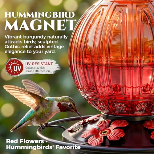 2 Pack Glass Hummingbird Feeder for Outdoors Hanging, Bird Nectar Feeder with Perch & 5 Flower Feeding Ports, 26 Oz Leak Proof for Outside Garden Decor Backyard, Gifts for Women Mom, Red + Orange Red - color: Red + Orange Red