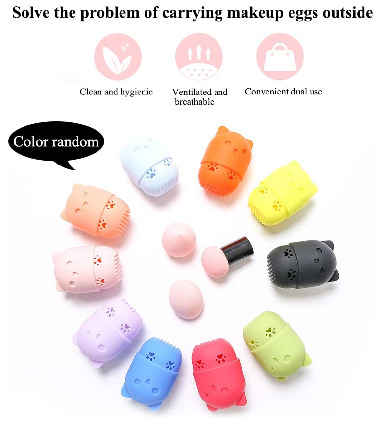 AKOAK Cute Cat Silicone Makeup Sponge Storage Rack, Makeup Egg Drying Rack, Portable Puff Protective Cover Beauty Tool (Pack of 2, Random Color)