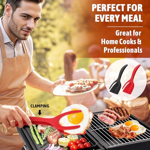 2 in 1 Egg Flipper Spatula, Non-Stick Grip and Flip Spatula Tongs for Pancakes, Omelets, Fish, Eggs, Burgers, Steaks, Heat Resistant Cooking Tool for Kitchen use(COLOR:Black+Red) - color: Black+Red
