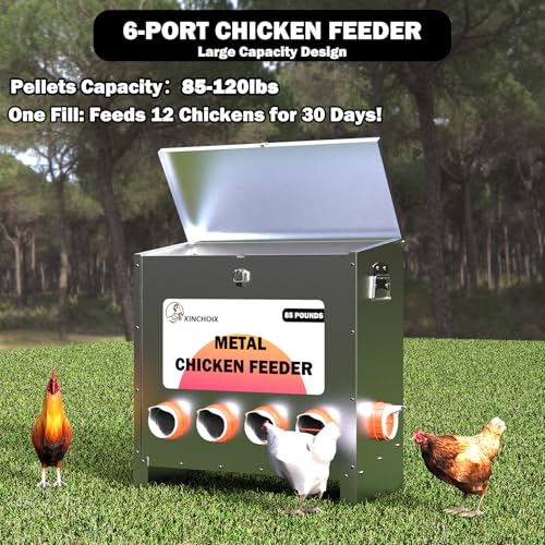 Metal Chicken Feeder Large Capacity 85lbs Automatic Metal Rat Proof Chicken Feeders No Waster Weatherproof Poultry Feeder for Chickens, Geese, Ducks, Turkeys, Quails (6-Port) - style: 85lb Feeder with 6 Ports