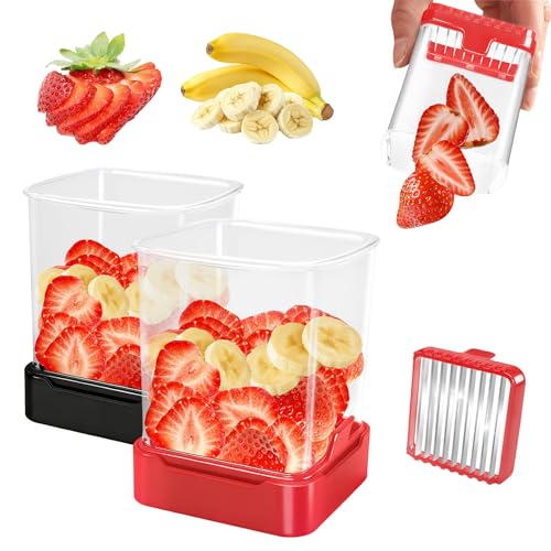 2 Pack Fruit Slicer Cup for Strawberry, Banana, Hard-Boiled Egg - Detachable Cutter with Push Plate - Rapid & Safe Slicing Kitchen Gadget for Quick Meal Prep(Black + Red) - color: Black + Red