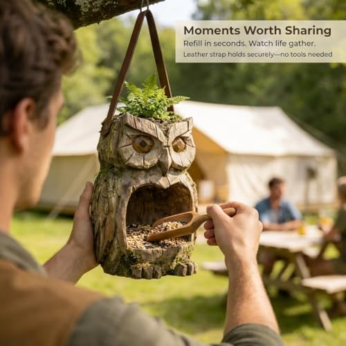 Owl Bird Feeder for Outdoors Hanging, Resin Sculpture Wild Birdfeeders with Lanyard, Decorative Birdhouse for Garden Yard, Weather Resistant Animal Planter for Outside