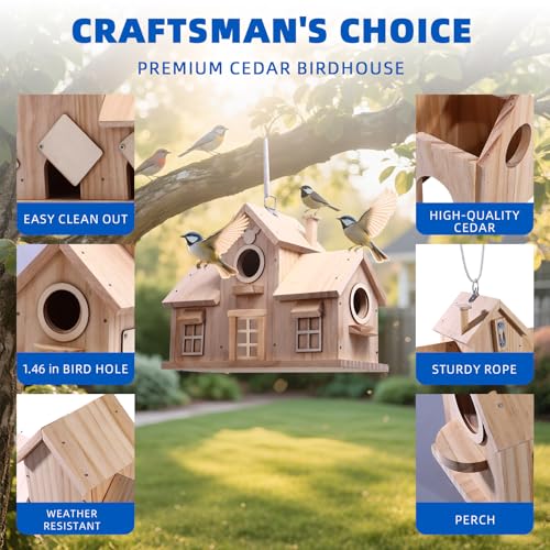 Wooden Birdhouse with Multiple Nesting Compartments, Hanging Bird House, 11.8 x 4.7 x 8.66 Inch
