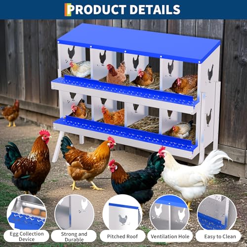GarveeHome 8 Holes Nesting Boxes for Chickens, Roll Away Chicken Nesting Box with Lid Cover, Easy Egg Collection, Chicken Laying Box for Outdoor, Poultry Coop, Farm, Yard, with Bracket Legs