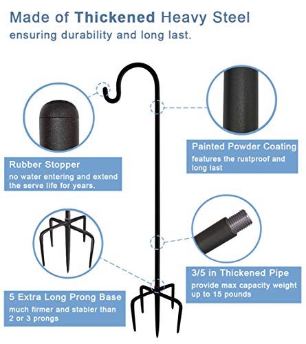 92 Inch Outdoor Shepherd Hooks with 5 Pronger Base (2 Packs), Adjustable Heavy Duty Garden Hanging Stand Holder for Bird Feeders Lanterns Planter Hanger, Matte Black