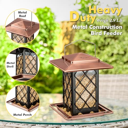 iBorn Bird Feeders for Outdoors, Metal Bird Feeder, Wild Bird Feeders for Cardinal, 2.3LBS Capacity,17.7cm Large Roof, Lantern Style, Brush Copper - color: Copper
