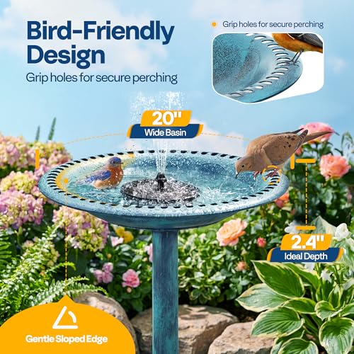 VIVOHOME Bird Bath with Solar Fountain for Outside, Pedestal, Blue | Solar-Powered Pump, Weather-Resistant Polyresin, 20-Inch Bowl, for Outdoor/Garden, Bird-Friendly, Easy to Clean - color: Blue