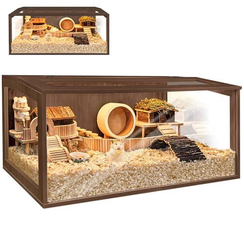 PROLEE Hamster Cage with Chewproof Wood Top, Guinea Pig Cages, Hamster Habitat with Clear Acrylic Sheets Solid Built, Small Animal Cage (Walnut, 48X19.5X19.5 inch) - color: Walnut, size: 48.0"L x 19.5"W x 19.5"H