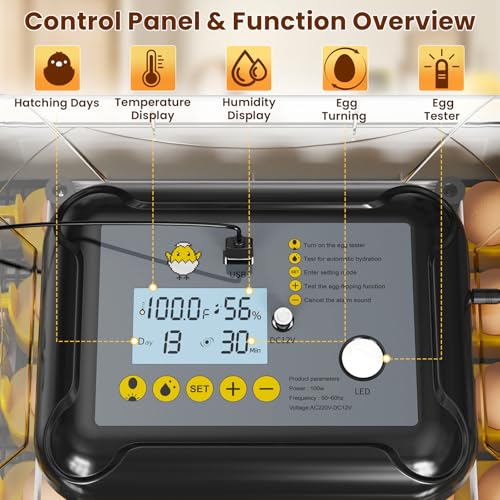 Incubators for Hatching Eggs, 30 Chicken Eggs Incubator with Automatic Egg Turning, Dual Power Supply, Egg Candler, Temperature & Humidity Control with Alert Function, Auto Water Filling
