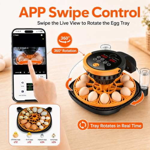 12-Egg Incubator for Hatching Chicken Eggs with WiFi Camera and Auto Turner | Built-in egg candler, temperature and humidity control, app monitoring and 8GB microSD for duck, quail and pigeon eggs.