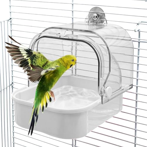 Tfwadmx Bird Cage Bath Hanging Parrot Bath Tub Water Shower Food Feeder Holder Tray Bird Bath Supplies for Small Birds Canary Budgies Cockatiel Lovebirds (White) - color: White