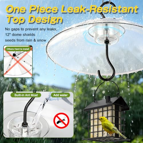 Gtongoko Bird Feeder Cover Dome 12" Clear Bird Feeder Rain Guard 1 Pack | Bird Feeder Cover for Rain Clear PC Dome Built-in Ant Moat Chew-Resistant Keeps Seed Dry Fits Hanging Bird Feeders - color: Transparent