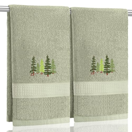 SmoothNovelty 2 Pcs Forest Hand Towels Gray Green Bathroom Decor 14x29 Inch | Embroidered Bathroom Hand Towels, 100% Cotton, Soft Absorbent, Green Tree Bathroom Kitchen Decor - style: Forest
