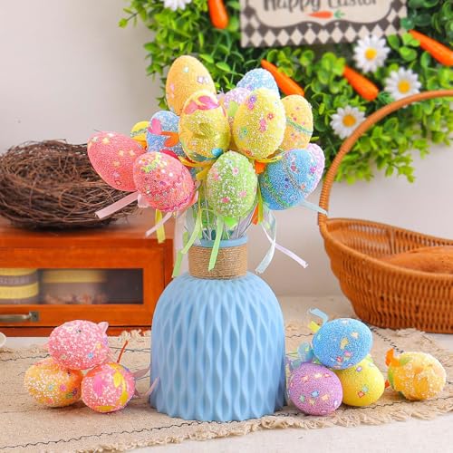 Foam Easter Egg Picks Glitter Puffy Styrofoam Stick Party DIY Craft Table Centerpiece Colorful Decoration Accessories Cake Toppers 6 Pcs