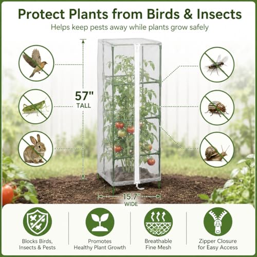 Halatool Garden Tomato Plant Cover Netting, Fits 50–63" Square Tomato Cages | Garden Bird Netting with Zipper & Drawstring, Insect Barrier, Plant Covers from Insects Animals, 4 Pack, 57"×15.7" - color: 4 Pack, size: 57 inch