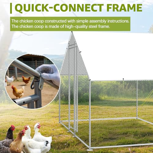 Metal Chicken Coop, 9.9 x 6.6 x 6.6 FT Large Walk-in Chicken Runs | with Cover, Spire Roof Hen House Enclosure with Security Lock, Outdoor Duck Rabbit Cage Poultry Pen for Backyard, Farm, Yard