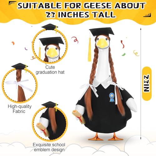 Abbylike Graduation Porch Goose Outfits Graduation Cap with Gold Tassel and Wig Yard Goose Costume Clothes Fits Large 23'' Cement for Garden Yard Statue Lawn Pathway Decorations - style: Graduation