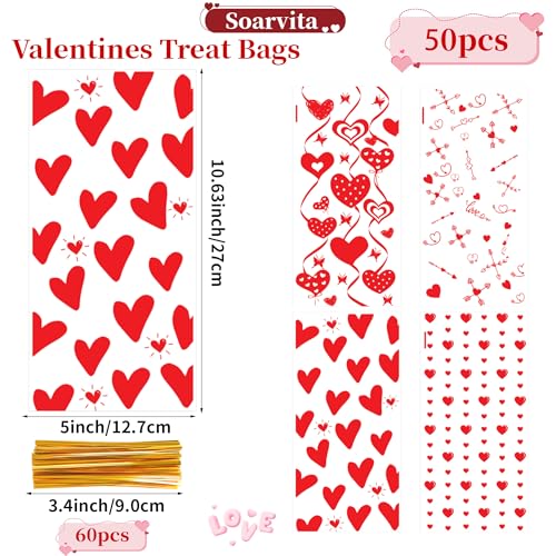 Soarvita 50PCS Valentine Goodie Bags – 5 x 11 Inch Red Heart Valentine Cellophane Treat Bags with 60 Twist Ties, Valentine's Day Candy Bags for Kids Classroom Exchange, Cookies, Gifts & Party Favors - color: Valentines-50pcs