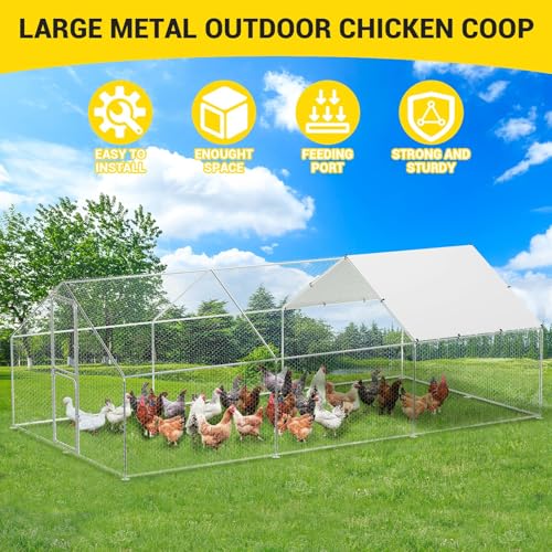 Large Metal Chicken Coop Run for Waterproof and Anti-UV Roof Cover,Outdoor Walk-in Cage Peak Hen House for Yard Farm,9.8x19.7X 6.6 FT - size: 9.8' W x 19.7' L x 6.6' H