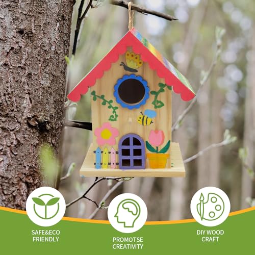 goldentime DIY Wooden Birdhouse Painting Kit, Bird House to Paint Set,Wood Arts and Crafts for Children, Paint Your Own Bird Houses Set,Includes Paints & Brushes - color: SPRING