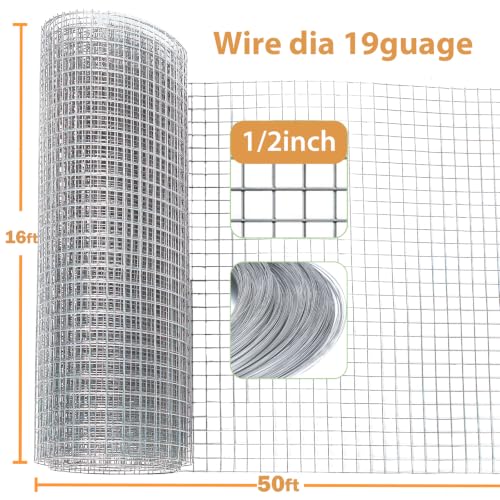 Hardware Cloth 16" x 50ft 19 Gauge, 1/2" Chicken Wire Fencing Galvanized Rust-Resistant, Wire Mesh, Poultry Animal Netting for Chicken Coops, Protective Barriers, Garden Fencing (Gloves Included) - size: 1/2" 16" x 50ft 16Ga