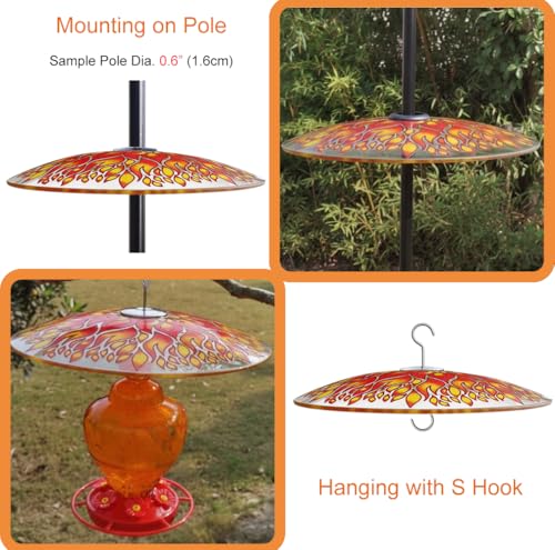 13" Large Glass Rain Cover for Bird Feeder, 2-Pack Fire Weather Guard Dome | Stainless Hooks Squirrel Baffle, Dual Use Protective Shield on Shepherd Pole or Hook Hanging, Bird House Protector, Dia. 33cm - color: Fire, size: 2PC/Pack