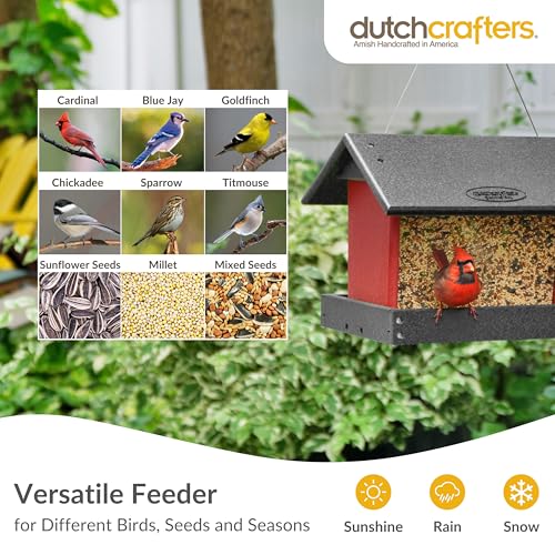 Poly Hanging Hopper Bird Feeder, Large Bird Feeder for Outside, Outdoors - Amish American Made (Hanging, Black & Red) - color: Black & Red, style: Hanging