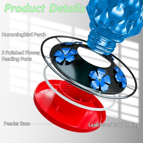 24OZ Glass Hummingbird Feeders for Outdoors Hanging,Five Feeding Ports with Perch, Leak Proof for Gardens Decor Backyard, Bird Feeder for Outside, Birthday Gifts for Women Men, Gifts for Mom Dad - color: Blue